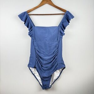 Charmo One Piece Swimsuit Womens Large Blue Excellent Ruched Ruffle Open Back